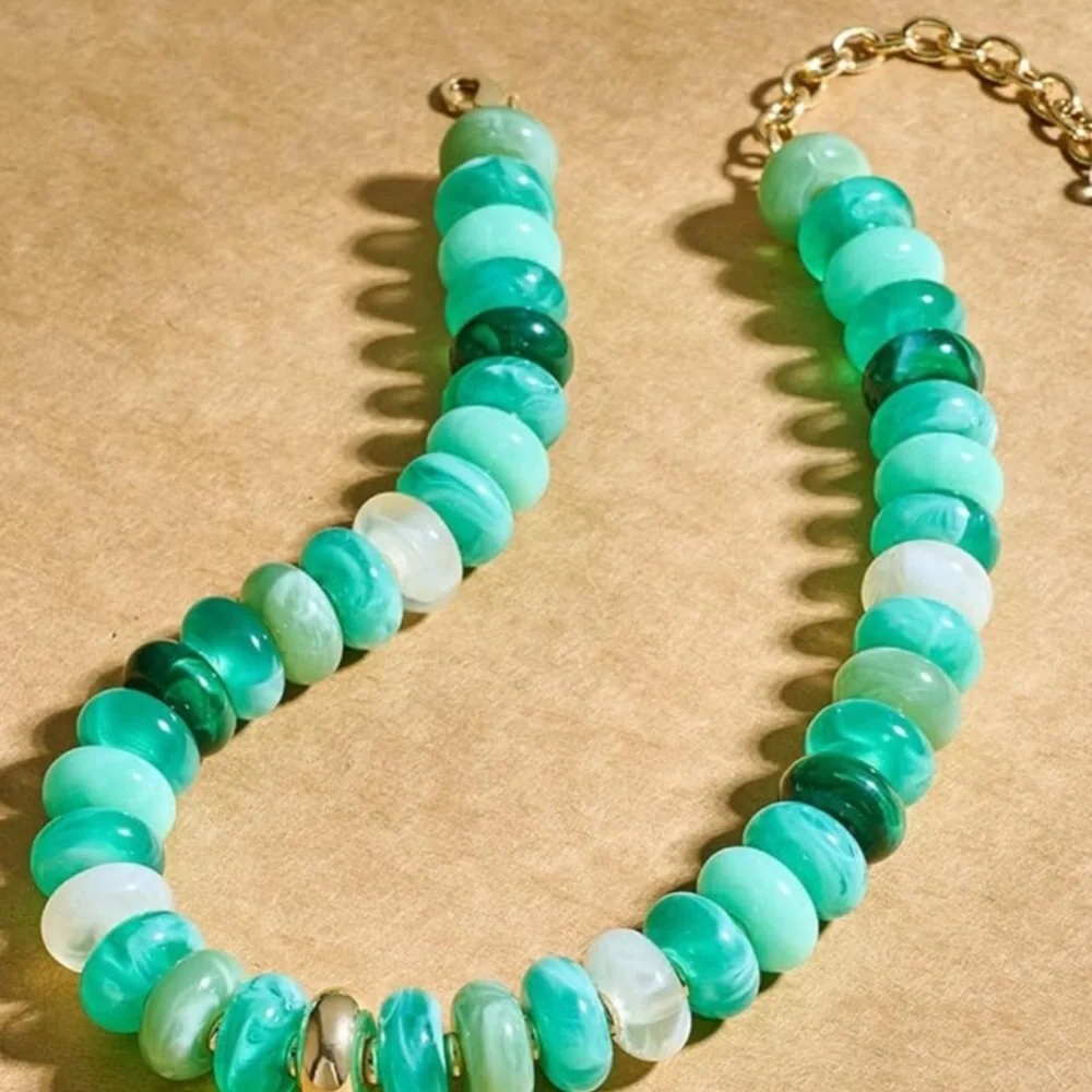 Green Beaded Necklace with Gold Accents new